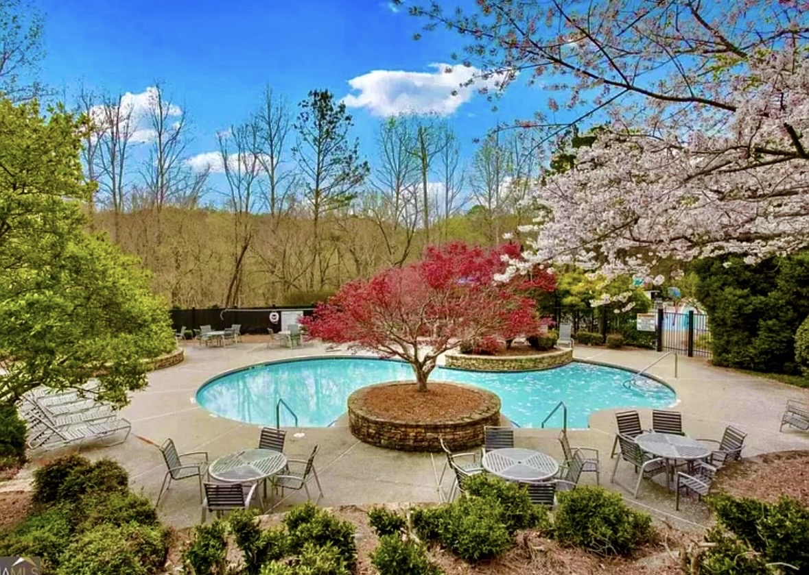 MorningView pool surrounded by spring blossoms